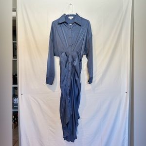 Mable cobalt blue silk long sleeve button down dress with tie at waist. Size L.